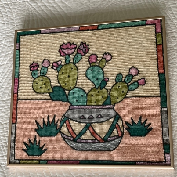 Vintage framed Needlepoint Art cactus bloom desert adobe pot southwestern cacti - Picture 4 of 7